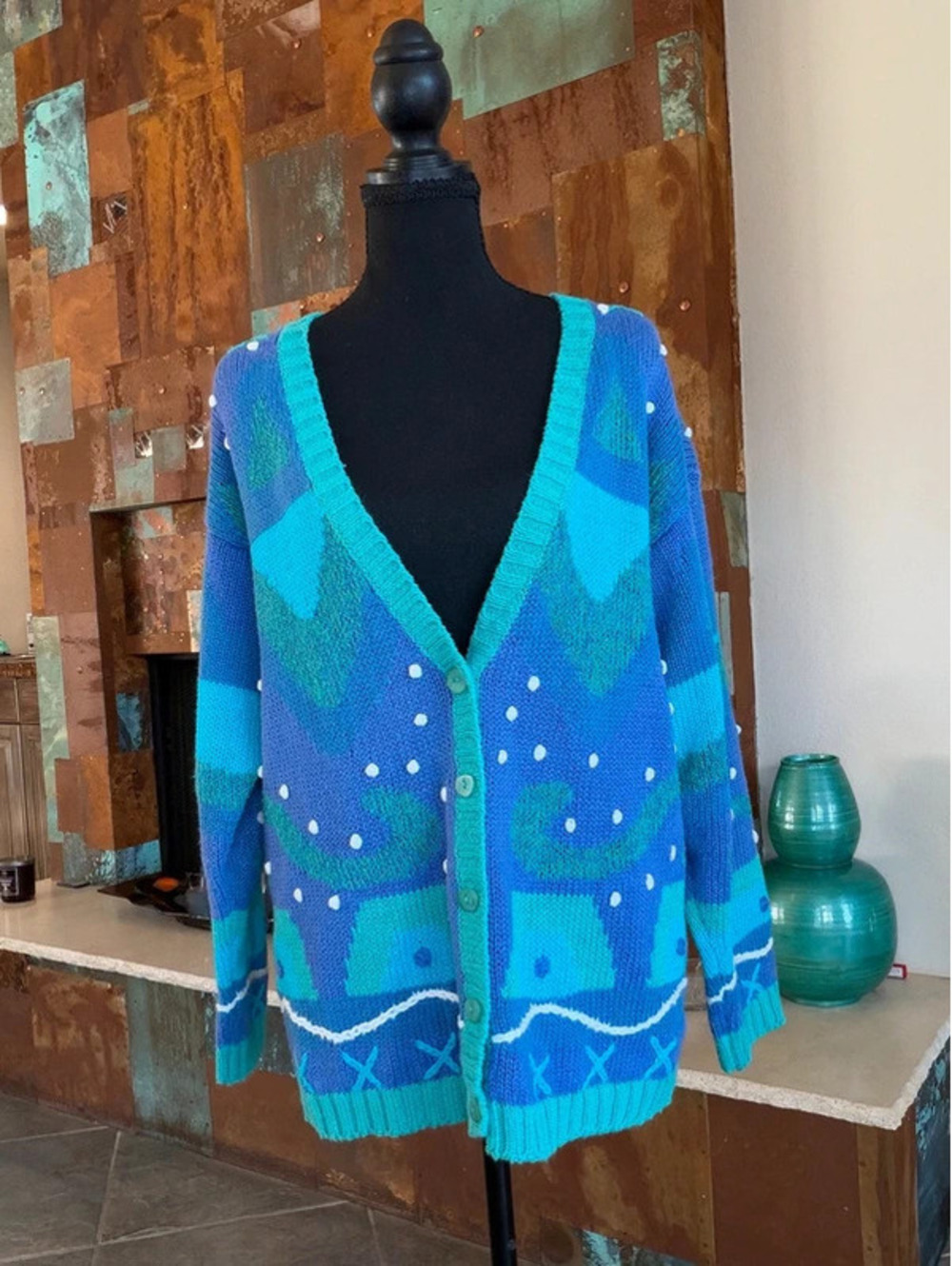 Secrets Sun Prints Vintage Purple Teal Abstract Oversized Geometric Cardigan